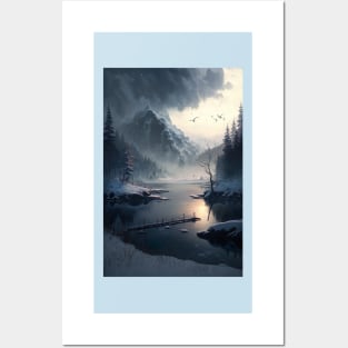 Landscape of winter lake in mountain valley Posters and Art